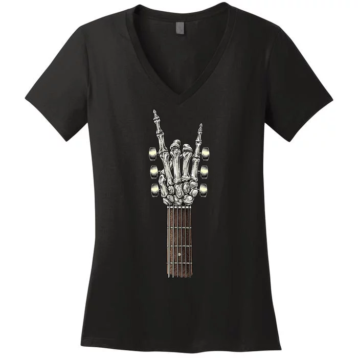 Rock On Guitar Neck Skeleton Hand Sign Rock & Roll Band Women's V-Neck T-Shirt