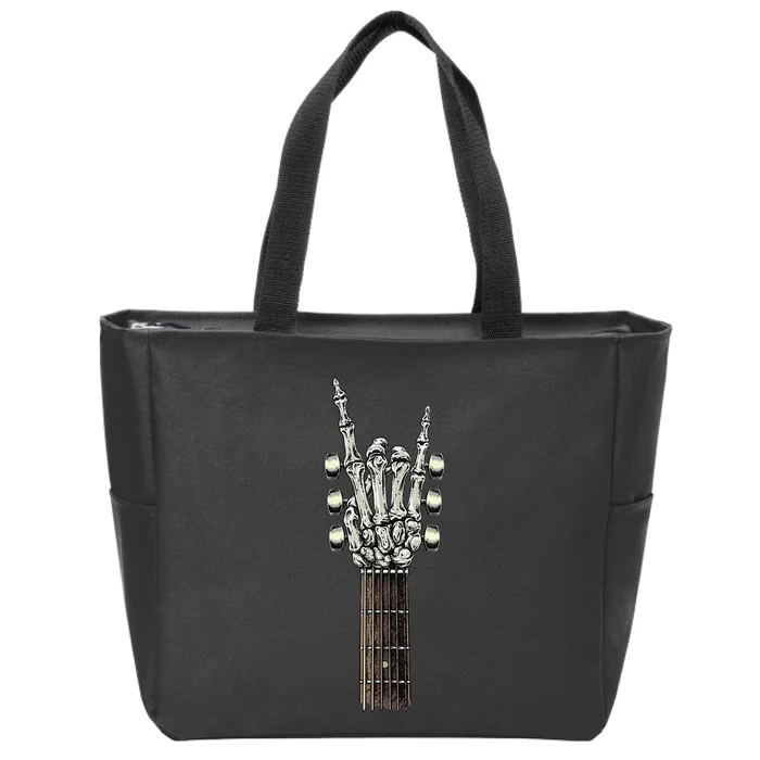 Rock On Guitar Neck Rock & Roll Halloween Skeleton Hand Zip Tote Bag