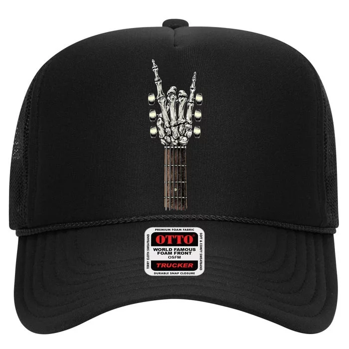 Rock On Guitar Neck Rock & Roll Halloween Skeleton Hand High Crown Mesh Trucker Hat