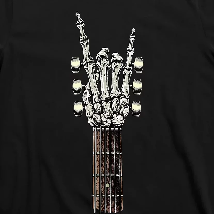 Rock On Guitar Neck Rock & Roll Halloween Skeleton Hand T-Shirt