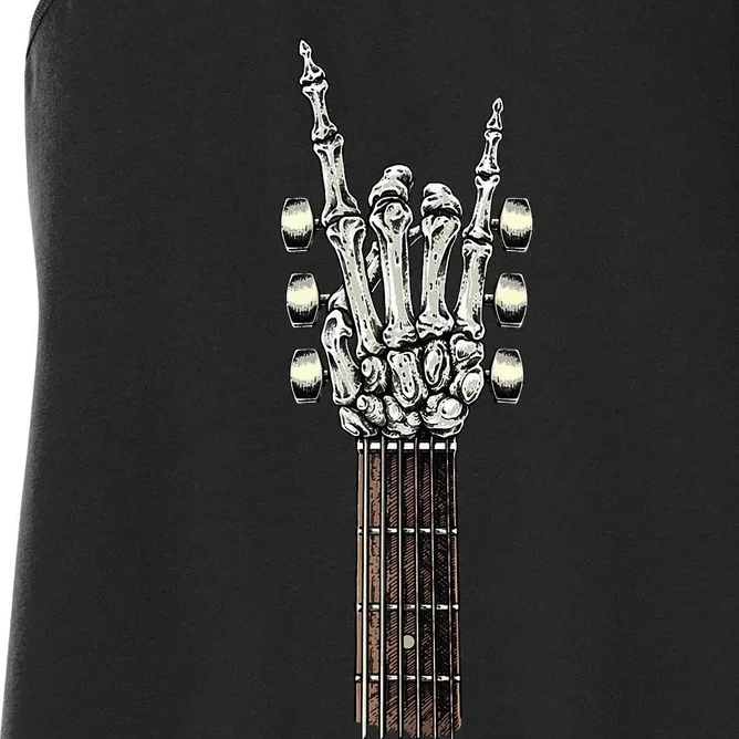 Rock On Guitar Neck Rock & Roll Halloween Skeleton Hand Women's Racerback Tank