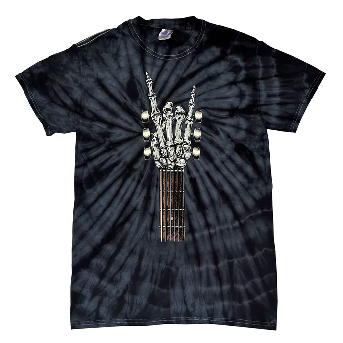 Rock On Guitar Neck Rock & Roll Halloween Skeleton Hand Tie-Dye T-Shirt