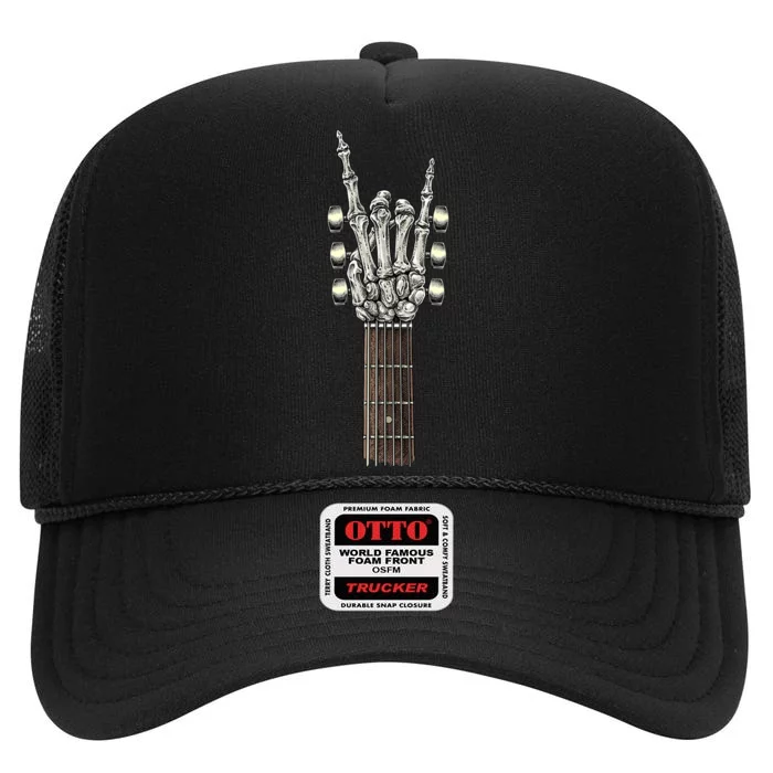 Rock On Guitar Neck - With A Sweet Rock & Roll Skeleton Hand High Crown Mesh Trucker Hat