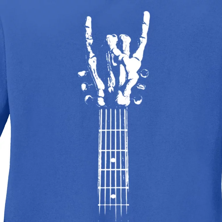 Rock On Guitar Neck With A Sweet Rock And Roll Skeleton Hand Gift Ladies Long Sleeve Shirt