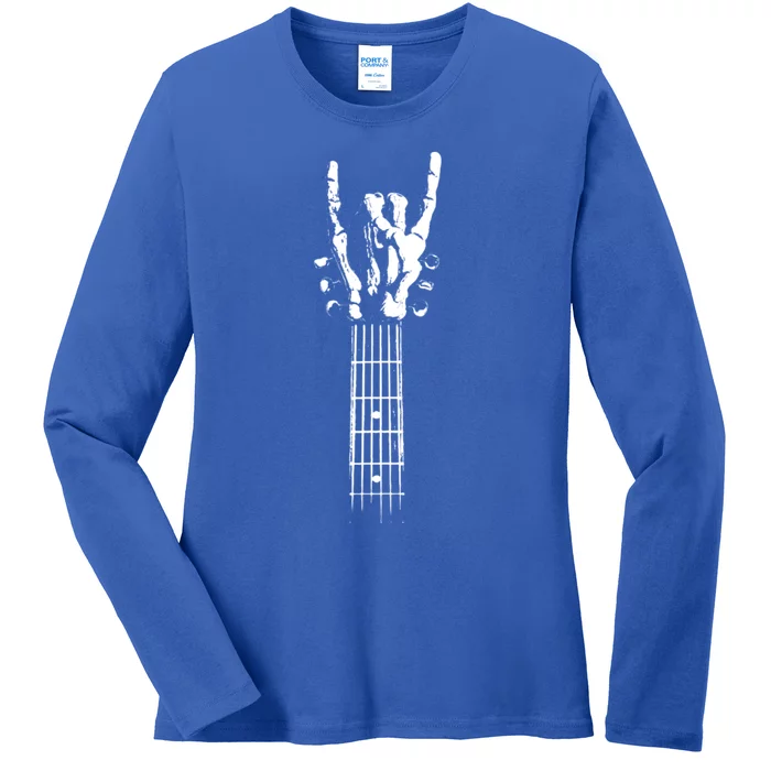 Rock On Guitar Neck With A Sweet Rock And Roll Skeleton Hand Gift Ladies Long Sleeve Shirt