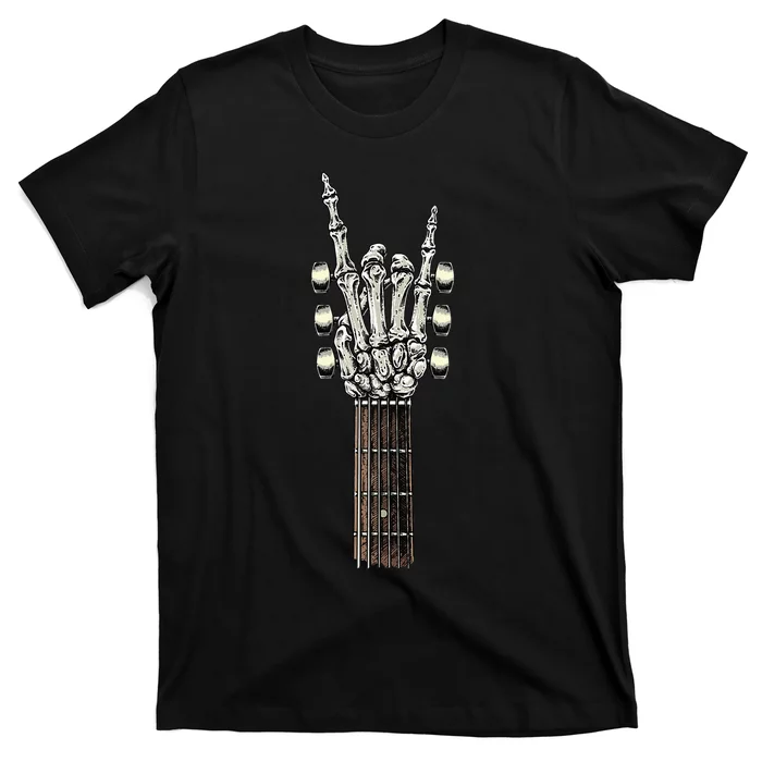 Rock On Guitar Neck Rock & Roll Halloween Skeleton Hand T-Shirt