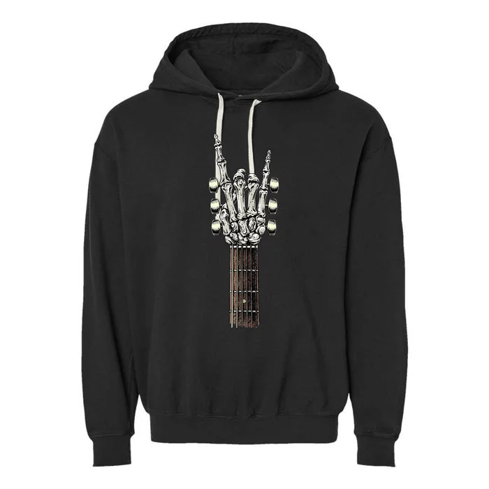 Rock On Guitar Neck Rock & Roll Halloween Skeleton Hand Garment-Dyed Fleece Hoodie