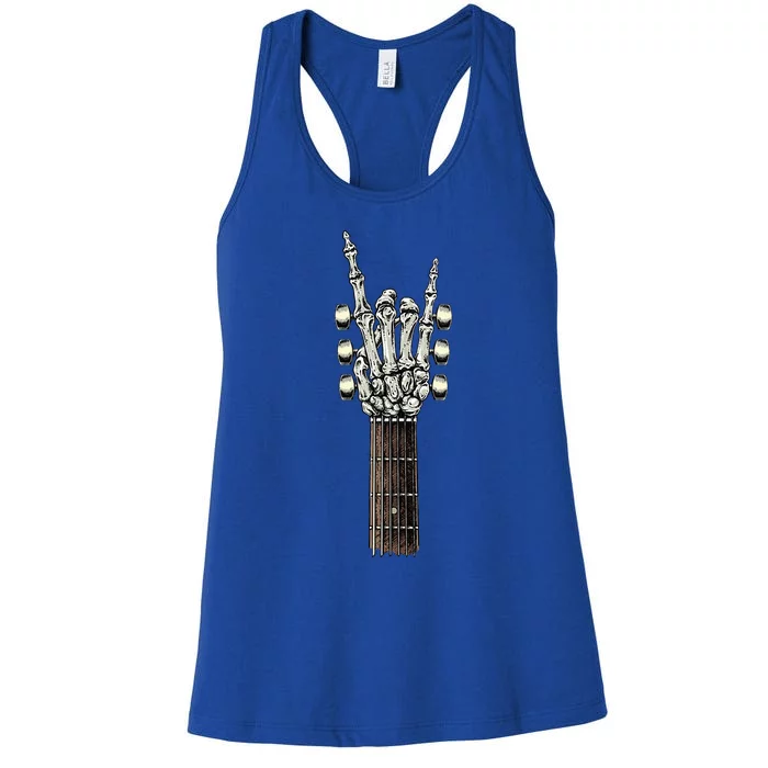 Rock On Guitar Neck Rock & Roll Halloween Skeleton Hand Women's Racerback Tank