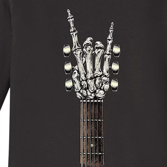 Rock On Guitar Neck With A Sweet Rock & Roll Skeleton Hand Baby Long Sleeve Bodysuit