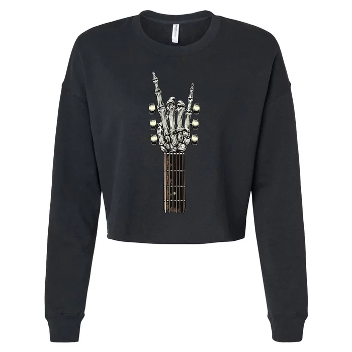 Rock On Guitar Neck Skeleton Hand Sign Rock & Roll Band Cropped Pullover Crew