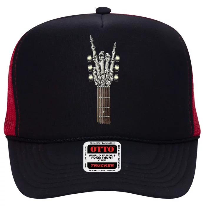 Rock On Guitar Neck With A Sweet Rock & Roll Skeleton Hand High Crown Mesh Trucker Hat