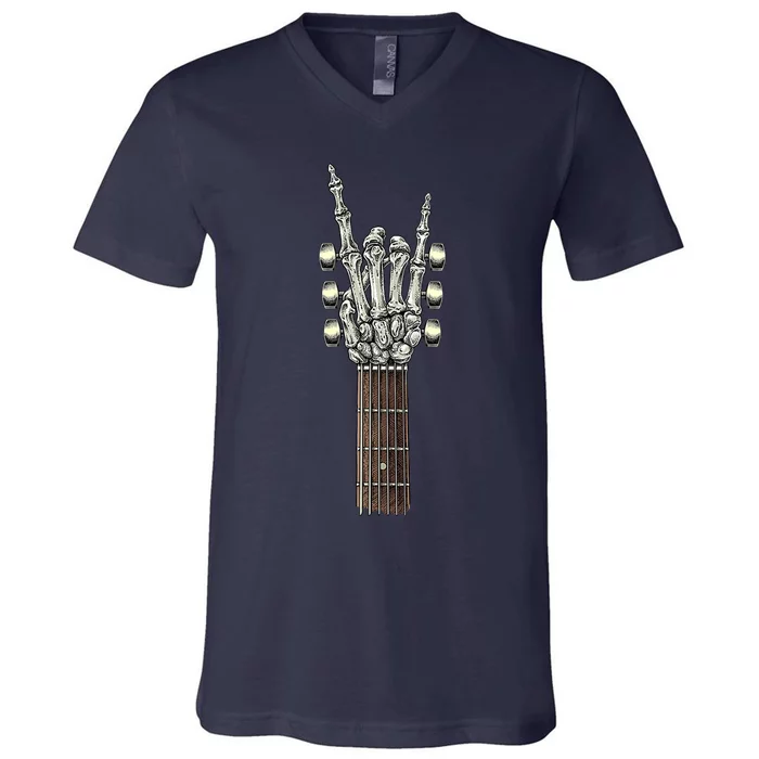 Rock On Guitar Neck With A Sweet Rock & Roll Skeleton Hand V-Neck T-Shirt