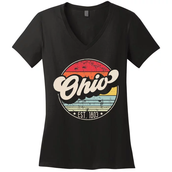 Retro Ohio Home State Oh Cool 70s Style Sunset Women's V-Neck T-Shirt