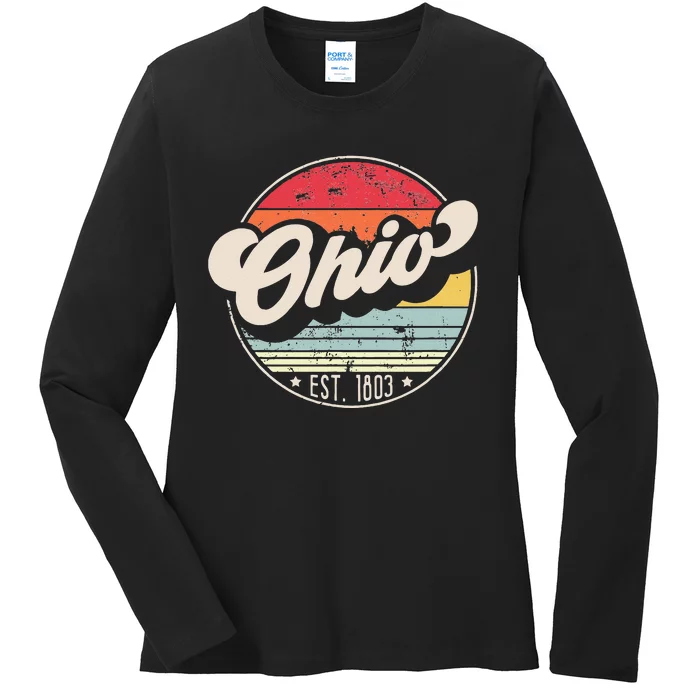 Retro Ohio Home State OH Cool 70s Style Sunset Ladies Long Sleeve Shirt