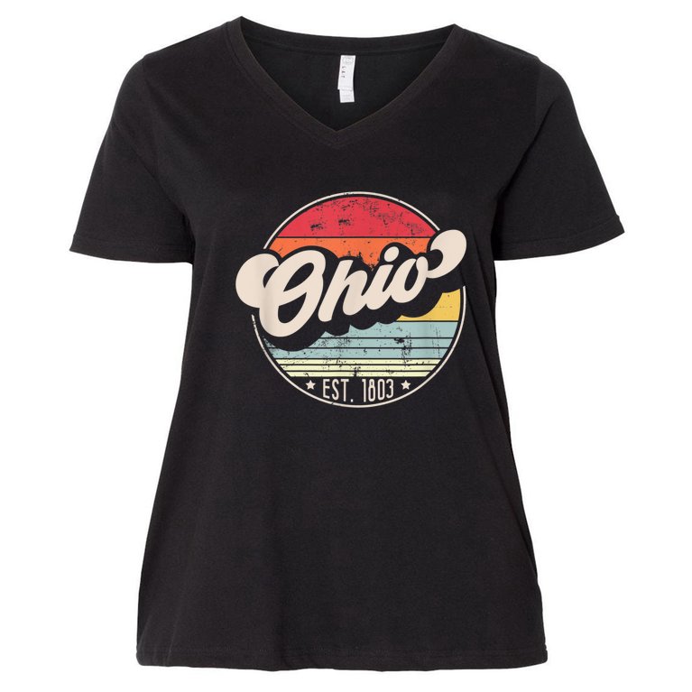 Retro Ohio Home State OH Cool 70s Style Sunset Women's V-Neck Plus Size T-Shirt