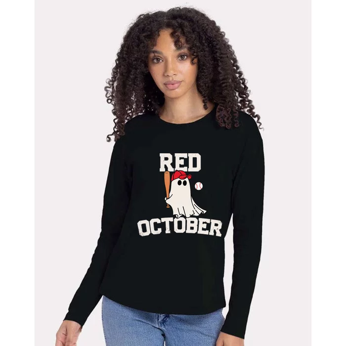 Red October Halloween Ghost Playing Baseball Womens Cotton Relaxed Long Sleeve T-Shirt