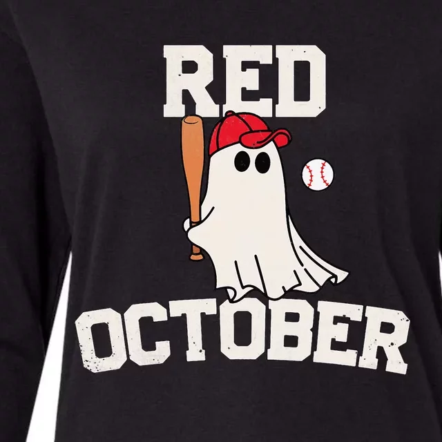 Red October Halloween Ghost Playing Baseball Womens Cotton Relaxed Long Sleeve T-Shirt