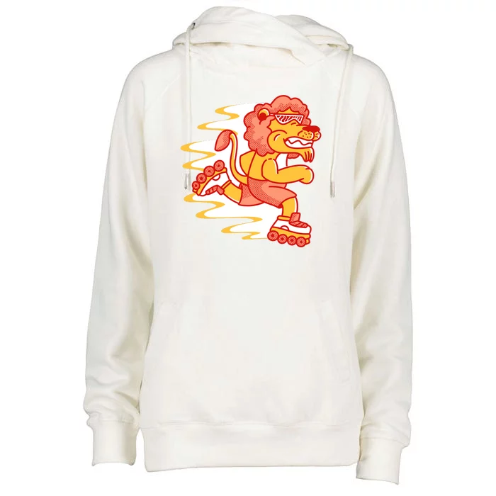 Rollerskating Lion Womens Funnel Neck Pullover Hood