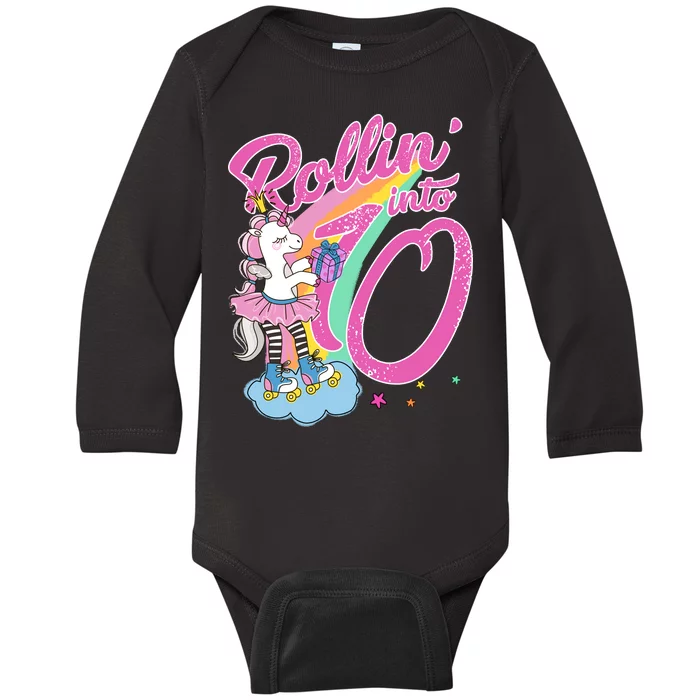 Rollin' Into 10 Skating Unicorn Birthday Baby Long Sleeve Bodysuit