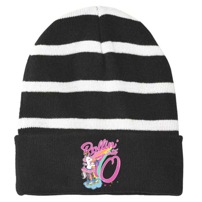 Rollin' Into 10 Skating Unicorn Birthday Striped Beanie with Solid Band