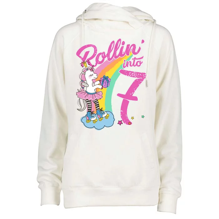 Rollin' Into 7 Skating Unicorn Birthday Womens Funnel Neck Pullover Hood