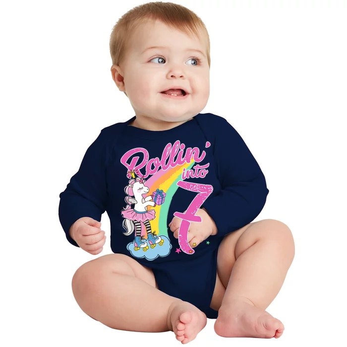 Rollin' Into 7 Skating Unicorn Birthday Baby Long Sleeve Bodysuit