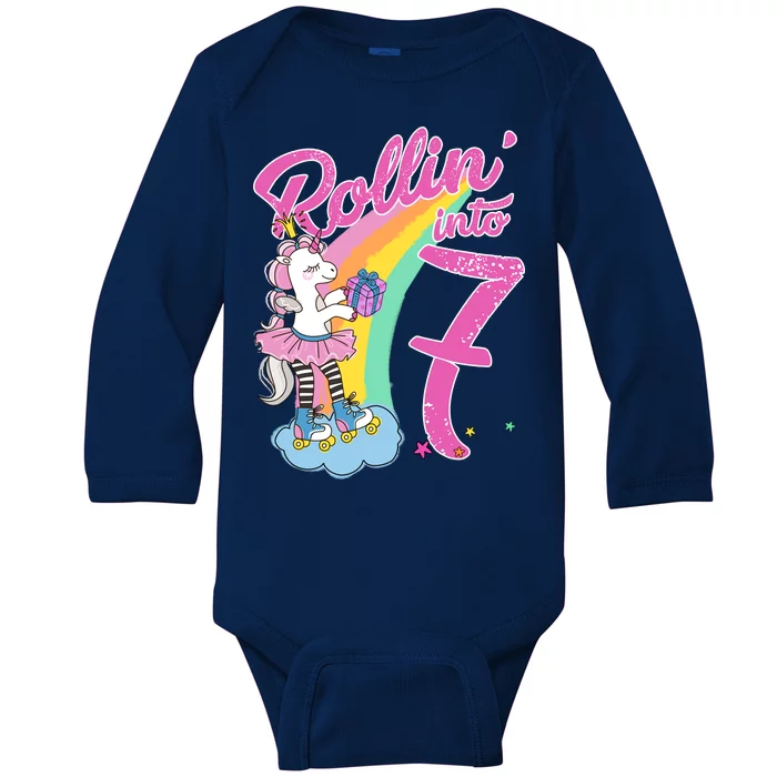 Rollin' Into 7 Skating Unicorn Birthday Baby Long Sleeve Bodysuit