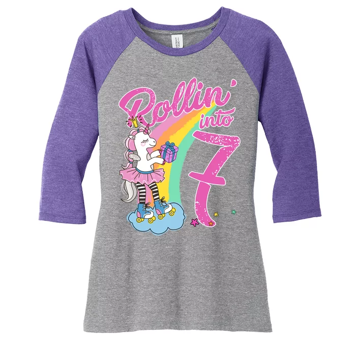 Rollin' Into 7 Skating Unicorn Birthday Women's Tri-Blend 3/4-Sleeve Raglan Shirt