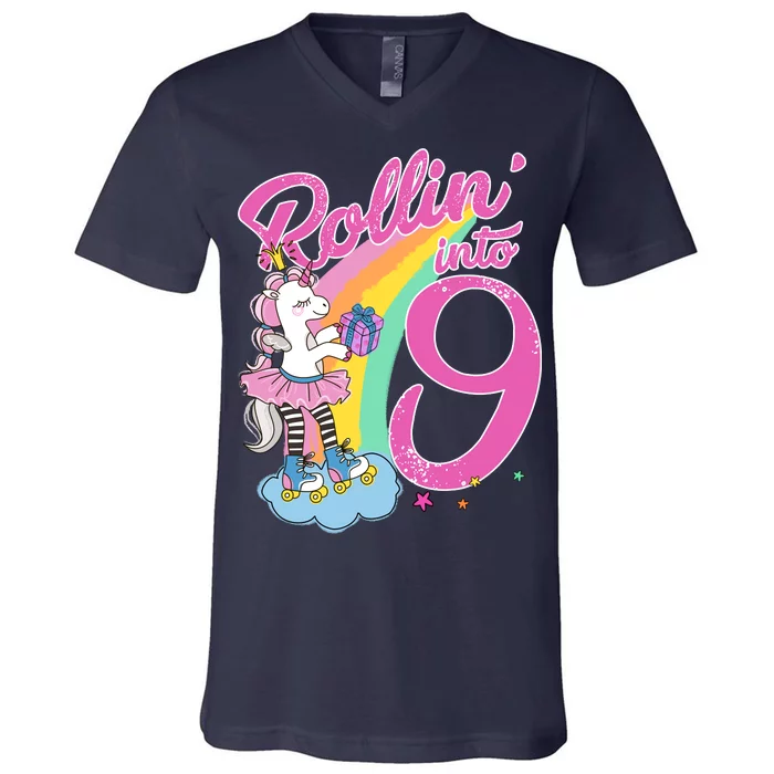 Rollin' Into 9 Skating Unicorn Birthday V-Neck T-Shirt