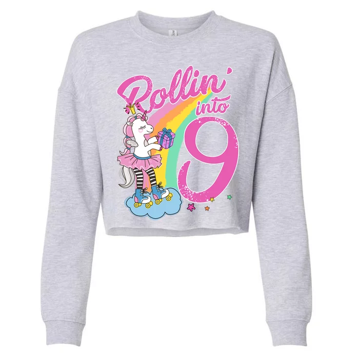 Rollin' Into 9 Skating Unicorn Birthday Cropped Pullover Crew