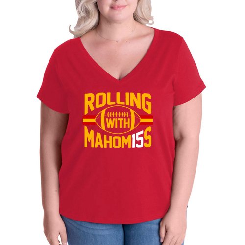 Rolling With Mahomes KC Football Women's V-Neck Plus Size T-Shirt
