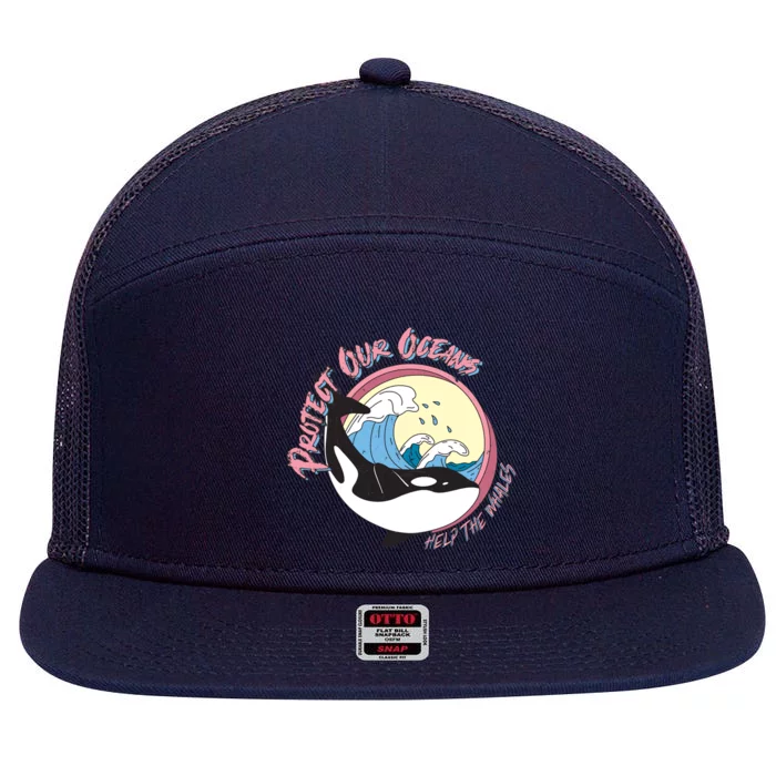 Respect Our Oceans Help The Whales Distressed Vintage Orca 7 Panel Mesh Trucker Snapback Hat