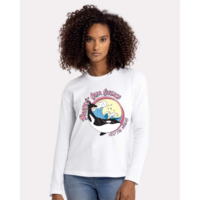 Respect Our Oceans Help The Whales Distressed Vintage Orca Womens Cotton Relaxed Long Sleeve T-Shirt