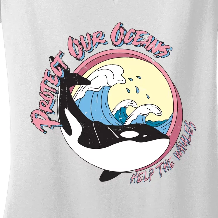 Respect Our Oceans Help The Whales Distressed Vintage Orca Women's V-Neck T-Shirt