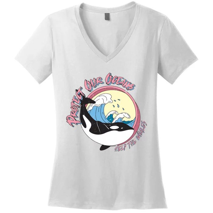 Respect Our Oceans Help The Whales Distressed Vintage Orca Women's V-Neck T-Shirt