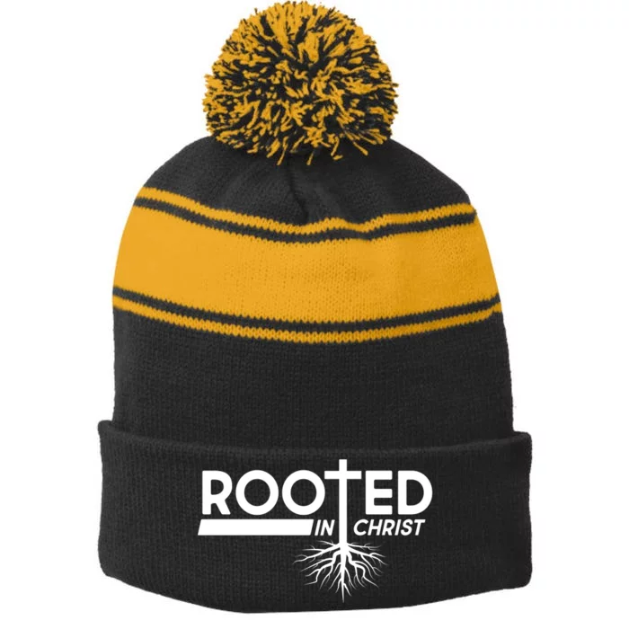 Rooted In Christ Tree Roots Stripe Pom Pom Beanie