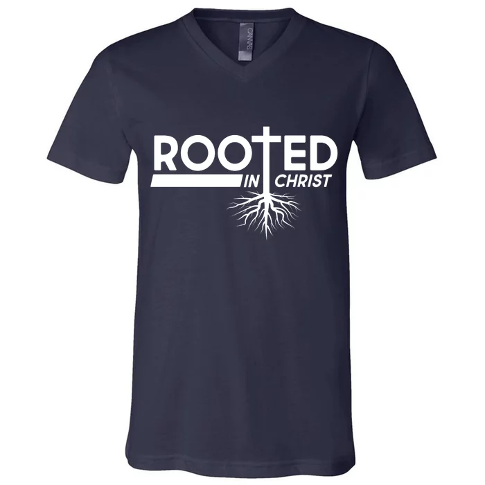 Rooted In Christ Tree Roots V-Neck T-Shirt