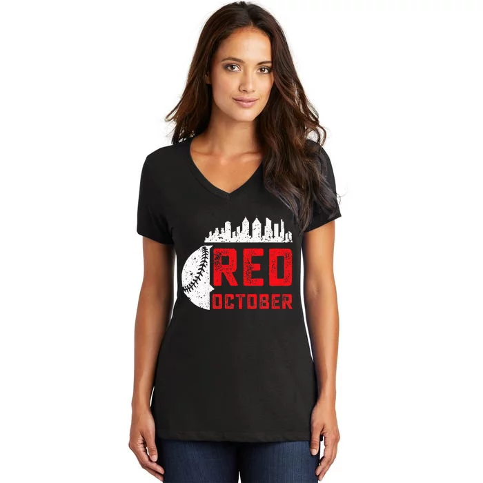 Red October Philly Philadelphia Baseball Retro Skyline Women's V-Neck T-Shirt