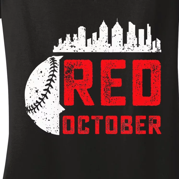 Red October Philly Philadelphia Baseball Retro Skyline Women's V-Neck T-Shirt