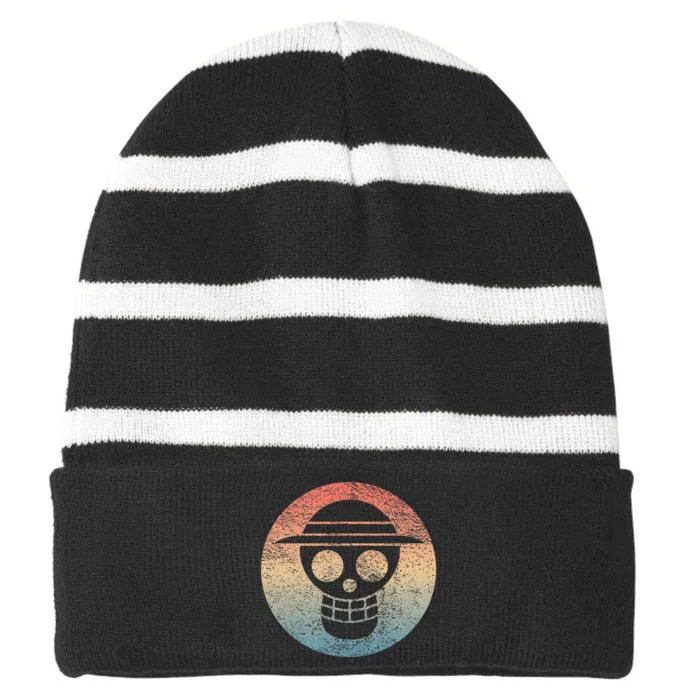 Retro One Pirate Flag Skull Sunset Blank Piece Striped Beanie with Solid Band