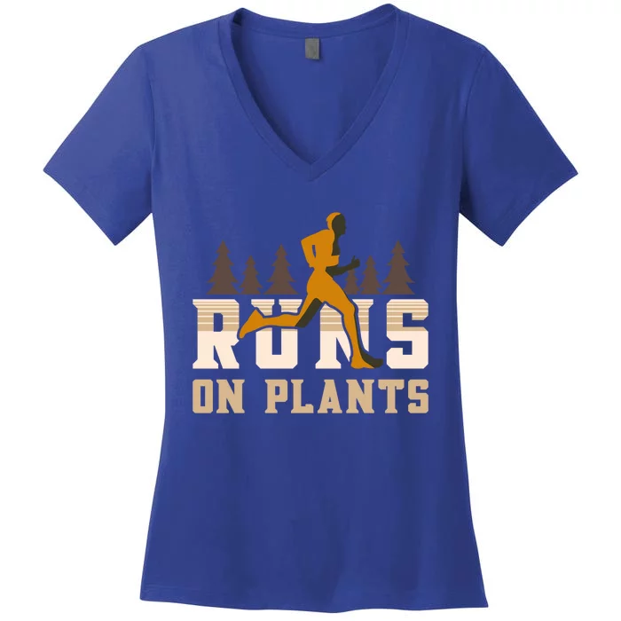 Runs On Plants Runner Marathon Athlete Running Gift Women's V-Neck T-Shirt