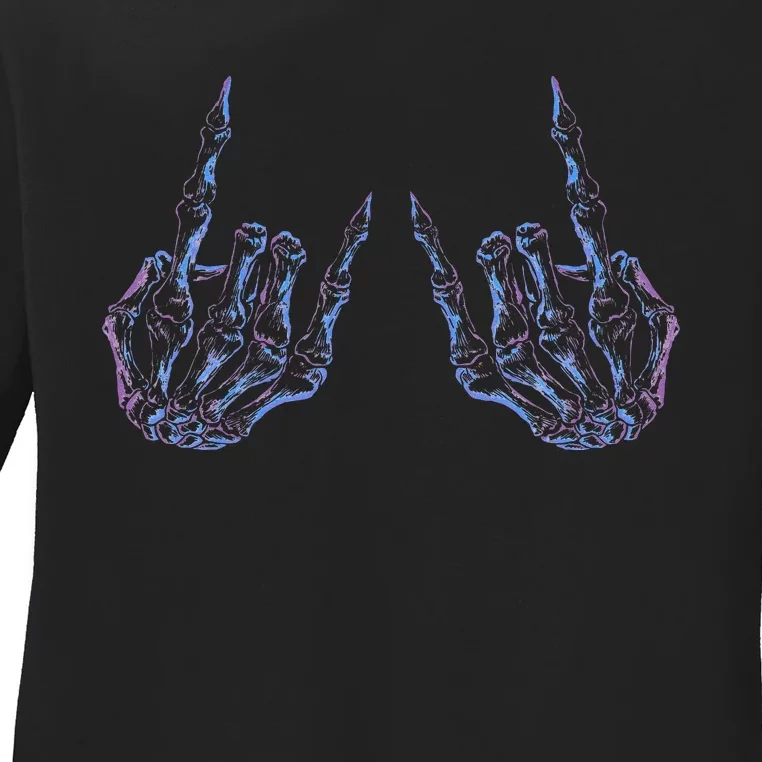 Rock On Rock Star Buddy Concert Halloween Skeleton Hands Ladies Long Sleeve Shirt