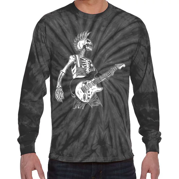 Rock On Rock Star Skeleton Playing Guitar Costume Halloween Tie-Dye Long Sleeve Shirt