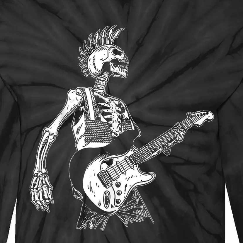 Rock On Rock Star Skeleton Playing Guitar Costume Halloween Tie-Dye Long Sleeve Shirt