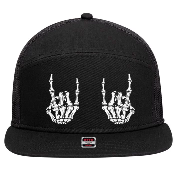 Rock On Rock Star Skeleton Hands Rocker Funny Halloween 7 Panel Mesh Trucker Snapback Hat