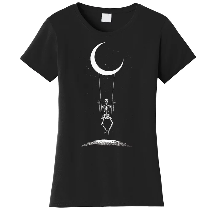 Rock On Skeleton Hands Halloween Moon Band Rock And Roll Women's T-Shirt