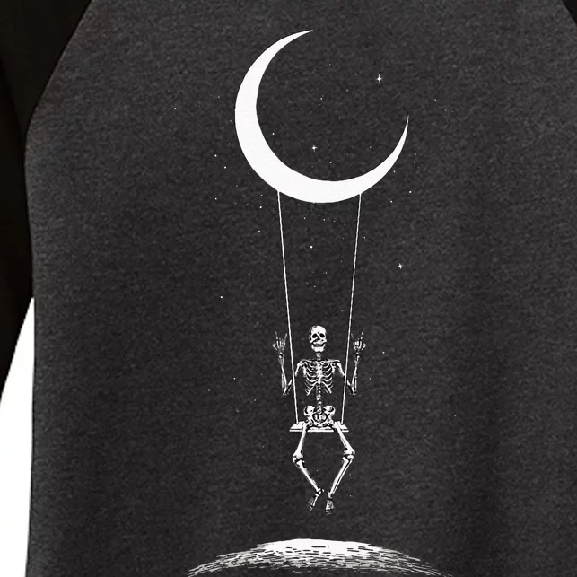 Rock On Skeleton Hands Halloween Moon Band Rock And Roll Women's Tri-Blend 3/4-Sleeve Raglan Shirt