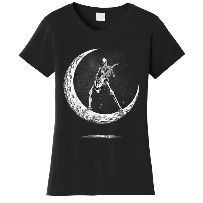 Rock On Skeleton Moon Rock And Roll Funny Halloween Women's T-Shirt