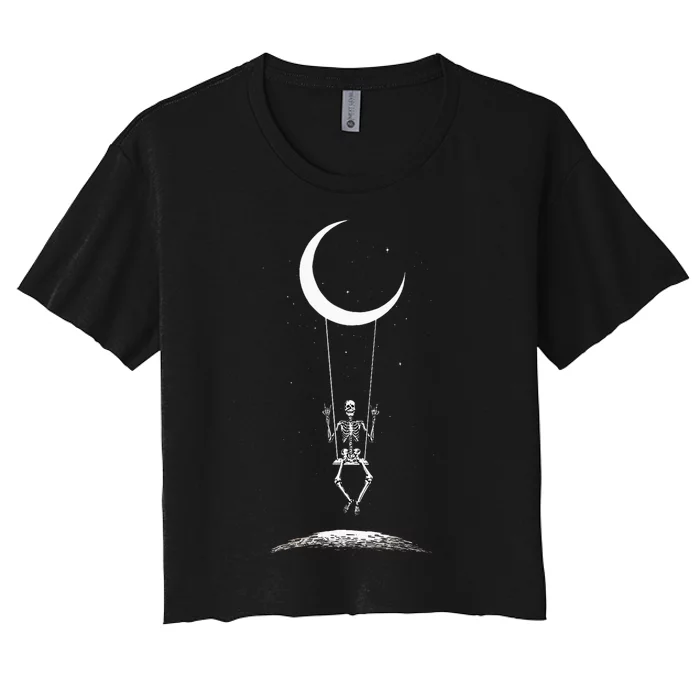 Rock On Skeleton Moon Band Tees Rock And Roll Graphic Tees Women's Crop Top Tee