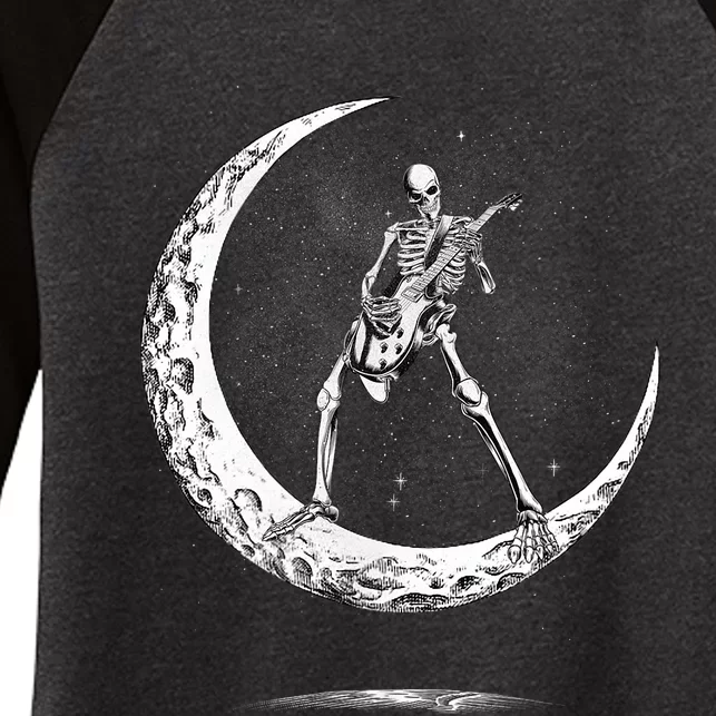 Rock On Skeleton Moon Rock And Roll Women's Tri-Blend 3/4-Sleeve Raglan Shirt